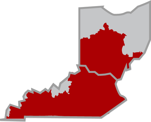 An isolated map of Southern Ohio and Kentucky, showing where NDIA Wright Brothers operates.